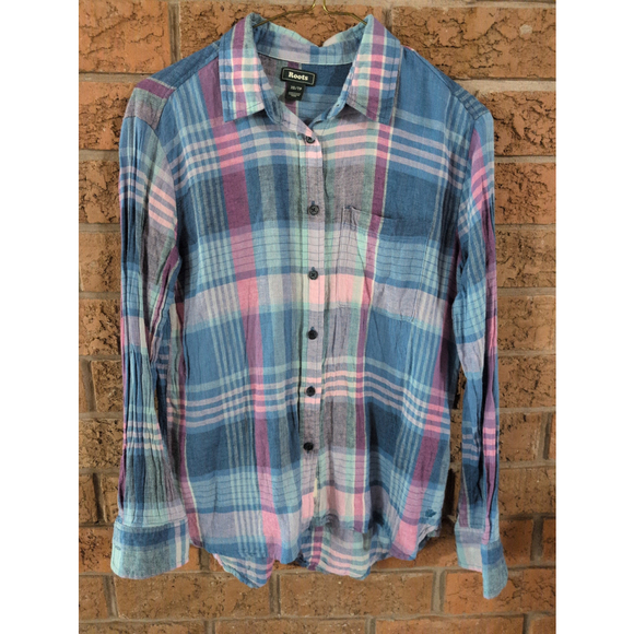 Roots Tops - Roots blue purple pink Linen blend plaid button down shirt size xs